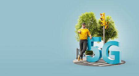 3d illustration of a man standing beside 5G sign and showing thumb up. High-speed Internet 5G standard network wireless signal transmission technology.の写真素材