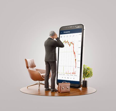 Unusual 3d illustration of a Desperate businessman standing in front of smartphone with crushed Stock market graph. Failure stock market and loss business investment profit conceptsの写真素材