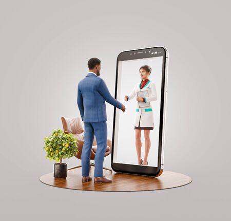3d illustration of a businessman standing in front of smartphone screen shaking hands with his doctor. Health care Smartphone apps. Online medical consultation and support concept.の写真素材