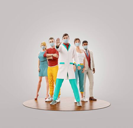 Unusual 3d illustration of doctor shows stop gesture standing before people. Halth care and life protection concept.の写真素材