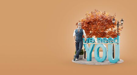 3d illustration of an attractive young man standing at phrase we need you. Head hunter. Recruiting and hiring concept.の写真素材