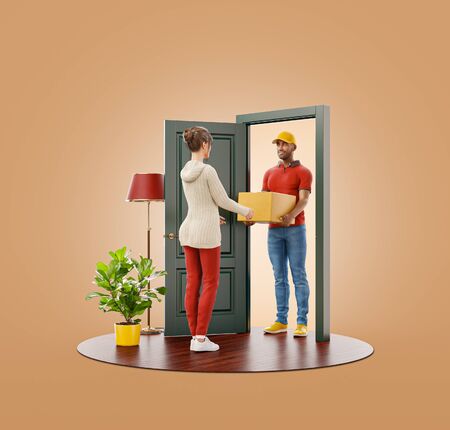 Unusual 3d illustration of a young woman receiving parcel from delivery service courier at the door. Delivery and post concept.の写真素材