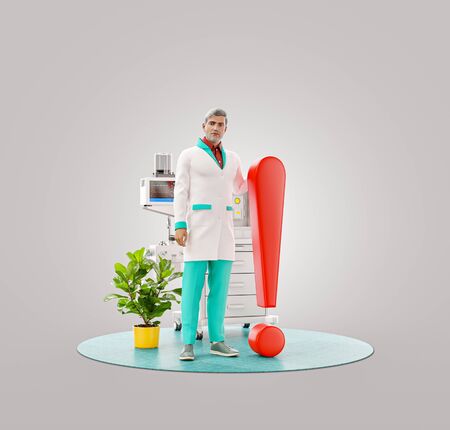 Unusual 3d illustration of a doctor standing with exclamation mark. Important medical information and alert conceptの写真素材