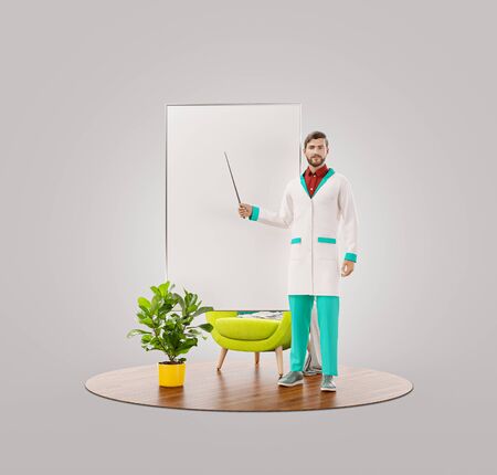 Unusual 3d illustration of young male doctor is pointing to flip chart. Doctor demonstrating information on the white board flipchart. Medical presentation, information, recommendations or tips concept.の写真素材