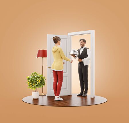 Unusual 3d illustration of a female receiving restaurant food from waiter at the door. Food Delivery service.の写真素材