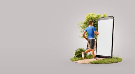 Young man in sportswear running in park in front of smartphone and using smart phone for exercises. Smartphone sports and gum apps concept. Unusual 3d illustrationの写真素材