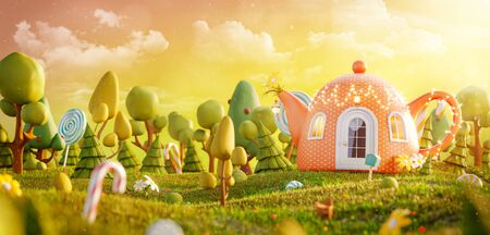 Amazing fairy house in shape of teapot in the magical forest. Unusual 3d illustration postcard. Childhood conceptの写真素材