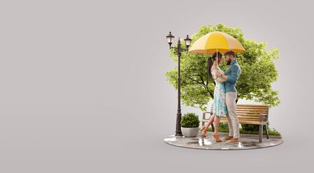 Young beautiful couple in love standing under umbrella and looking at each other on rainy spring day. Romantic relationship and family concept. Unusual 3d illustrationの写真素材