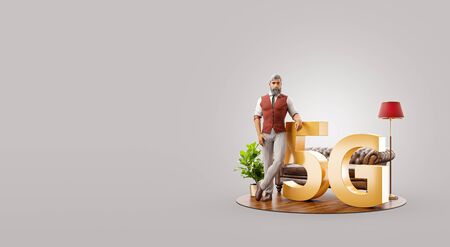 Man standing beside 5G sign. High-speed Internet 5G standard network wireless signal transmission technology. Unusual 3d illustrationの写真素材