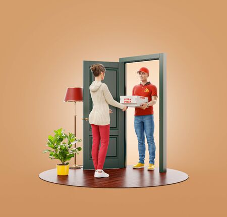 Unusual 3d illustration of a young female receiving pizza from courier at the door. Food delivery service. Pizza delivery concept.の写真素材