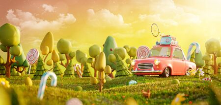Amazing cute little car in the magical forest. Unusual 3d illustration postcard. Childhood conceptの写真素材