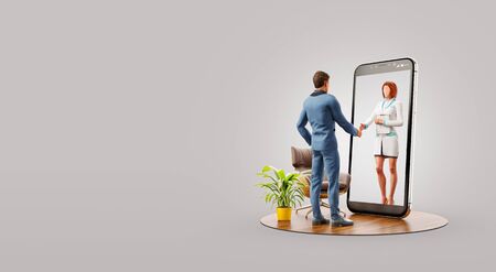 Businessman standing in front of smartphone screen shaking hands with his doctor. Health care Smartphone apps. Online medical consultation and support concept. Unusual 3d illustrationの写真素材