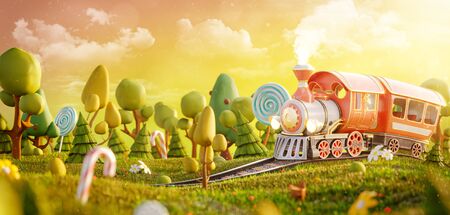 Amazing cute little train in the magical forest. Unusual 3d illustration postcard. Childhood conceptの写真素材