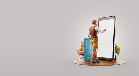 Young man with credit card standing at big smartphone in office and using smart phone application for shopping an payment. Payment online concept. Unusual 3d illustrationの写真素材