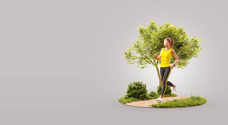 Young woman jogging in a park. Jogging and running concept. Unusual 3d illustrationの写真素材