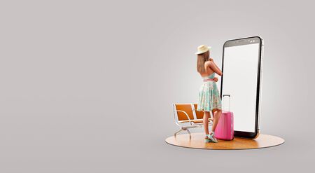 Woman in summer dress with travel suitcase standing in front of smartphone and using smart phone application. Smartphone travel apps concept. Unusual 3d illustrationの写真素材