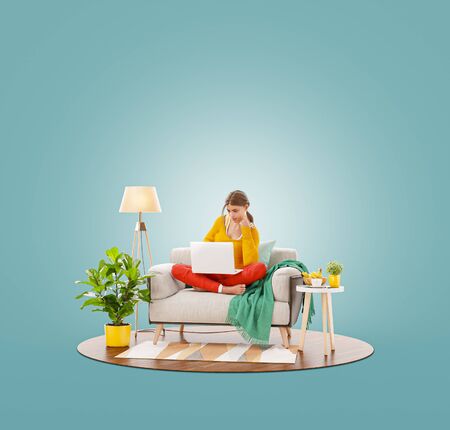 Unusual 3d illustration of a young pretty female working on laptop computer sitting on a couch at her home office. Studying, freelance and home office conceptの写真素材