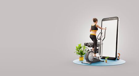 Pretty woman doing exercises on an elliptical trainer in the gym standing in front of smartphone with empty screen. Sports application concept. Unusual 3d illustrationの写真素材