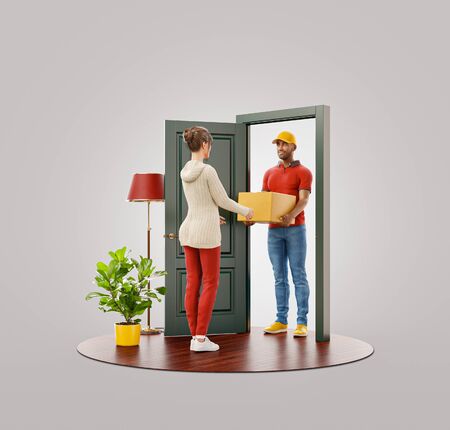 Unusual 3d illustration of a young woman receiving parcel from delivery man at the door. Delivery and post concept.の写真素材