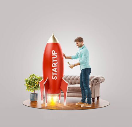 Businessman launching a spaceship at his office. Startup concept. Unusual 3d illustrationの写真素材