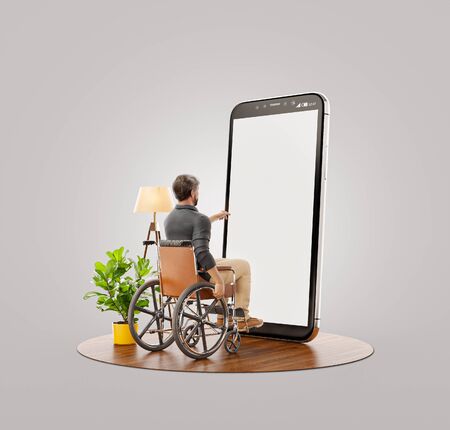 Young Disabled man sitting in a wheelchair in front of smartphone with blank screen and using smart phone application. Disability concept 3d illustration.の写真素材