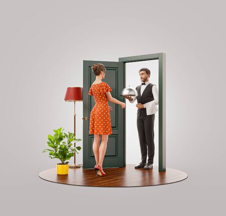 Female receiving restaurant food from waiter at the door. Food Delivery service. Unusual 3d illustrationの写真素材
