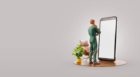 Businessman in suit standing in fron of smartphone and using smart phone application. Smartphone apps concept. Unusual 3d illustrationの写真素材