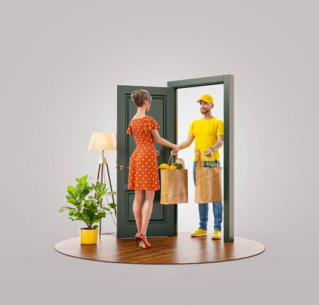 Unusual 3d illustration of a woman receiving shopping bags with fresh food from courier at the door. Food delivery service. Online shoppingの写真素材