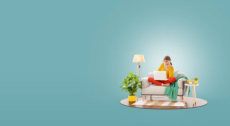 Young pretty female working on laptop computer sitting on a couch at her home office. Studying, freelance and home office concept. Unusual 3d illustrationの写真素材