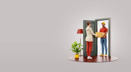 Unusual 3d illustration of a young woman receiving parcel from delivery service courier at the door. Delivery and post concept.の写真素材