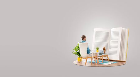 Unusual 3d illustration of a man reads a book sitting on an armchair at home.の写真素材