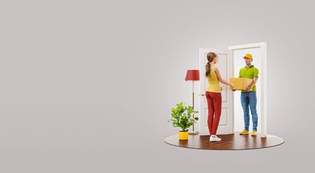 Unusual 3d illustration of a young woman receiving parcel from delivery service courier at the door. Delivery and post concept.の写真素材