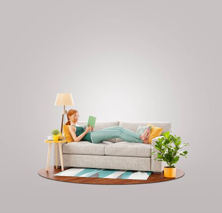 Pretty female reads book lying on a couch at her home. Unusual 3d illustrationの写真素材