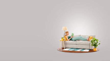Unusual 3d illustration of female reads book lying on a couch at her home.の写真素材