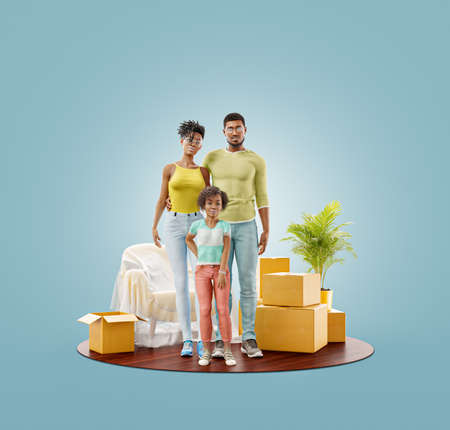 Unusual 3d illustration of a Happy african american family enjoying new home. Moving house concept.の写真素材