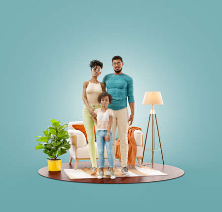 Unusual 3d illustration of a Happy african american family enjoying a new home. Happy family...