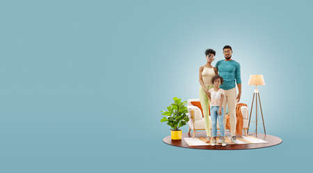 Unusual 3d illustration of a Happy black family enjoying a new home. Happy family concept.の写真素材