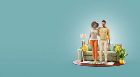 Unusual 3d illustration of a Happy black family enjoying a new home. Happy family concept.の写真素材