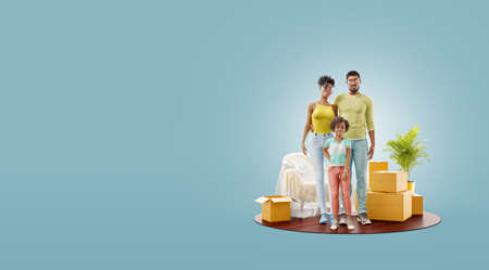 Unusual 3d illustration of a Happy black family enjoying new home. Moving house concept.の写真素材