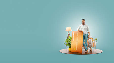 Unusual 3d illustration of a young black man with credit card at his home. Payment online concept.の写真素材