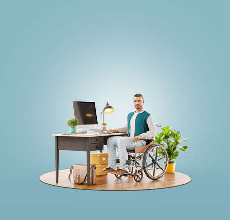 Unusual 3d illustration of Disabled person in the wheelchair works in the office at the computer. He is smiling and passionate about the workflow.の写真素材