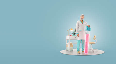 Scientist with vaccine standing in laboratory. Unusual 3d illustrationの写真素材