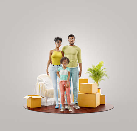 Moving house concept. Unusual 3d illustration of a Happy african american family enjoying new home.の写真素材