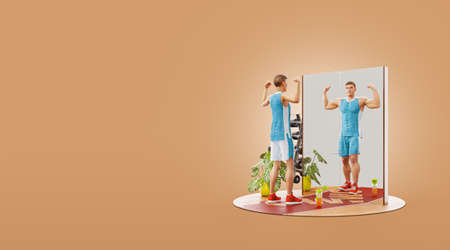 Young skinny man looking in the mirror and imagining herself as muscular bodybuilder. Unusual 3d Illustrationの写真素材