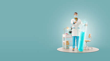 Young scientist with vaccine showing thumb up while standing in laboratory. Unusual 3d illustrationの写真素材