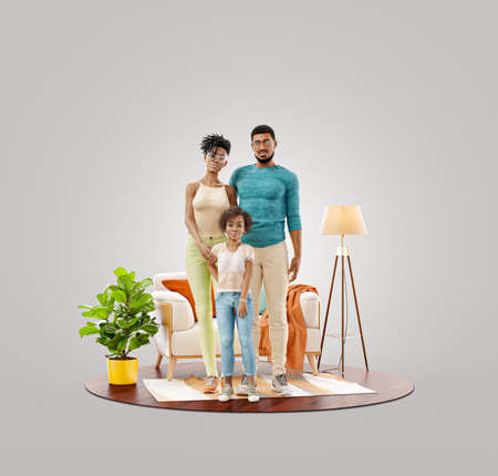 Happy family concept. Unusual 3d illustration of a Happy african american family enjoying a new home.の写真素材