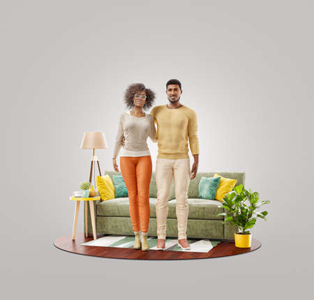Happy family concept. Unusual 3d illustration of a Happy african american family enjoying a new home.の写真素材