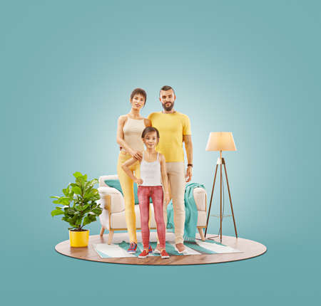 Unusual 3d illustration of a Happy family enjoying a new home. Happy family concept.