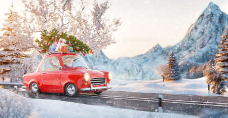 Santa claus in Cute little retro car with decorated christmas tree on top goes by wonderful...