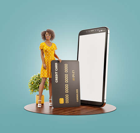 3d illustration of a smiling young black female with credit card at her home. Payment online concept. Smartphone applicationの写真素材